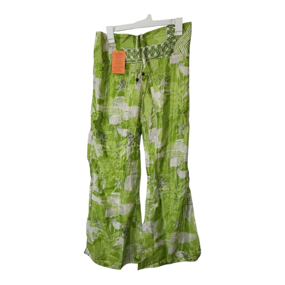 💕Junglee Billee Floral Boho Silky Wide Leg Pull On Pants. Size S/M New Lime Grn
